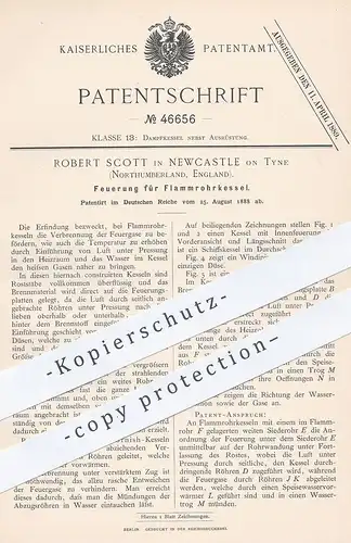 original Patent - Robert Scott , Newcastle on Tyne , Northumberland , England , 1888 , Feuerung für Flammrohrkessel !!