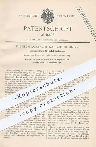 original Patent - Wilhelm Lorenz , Karlsruhe , 1888 , Zündung für Metall - Kartuschen | Munition , Gewehr , Patrone