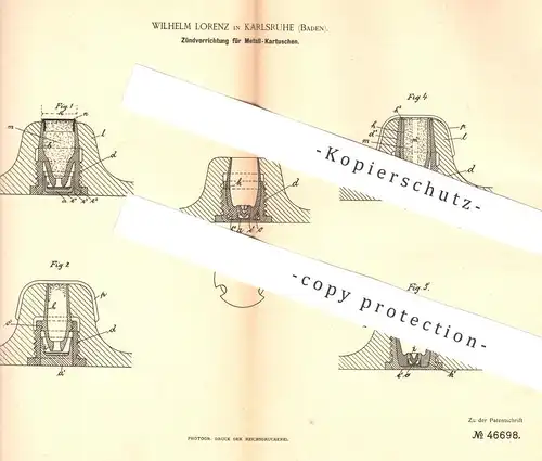 original Patent - Wilhelm Lorenz , Karlsruhe , 1888 , Zündung für Metall - Kartuschen | Munition , Gewehr , Patrone