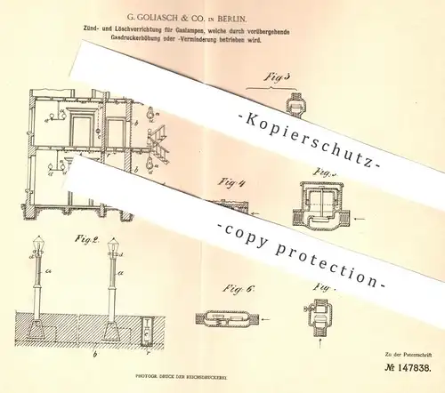 original Patent - G. Goliasch & Co. , Berlin , 1901 , Zünden u. Löschen der Gaslampe | Gas - Lampe | Brenner , Licht !!!