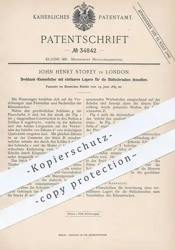 original Patent - John Henry Storey , London , England , 1885 , Drehbank - Klemmfutter | Metall , Dreher , Schlosser !!