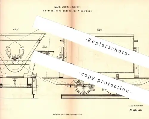 original Patent - Karl Weiss , Siegen , 1885 , Feststellvorrichtung für Kippwagen | Eisenbahn , Wagon , Eisenbahnen !!
