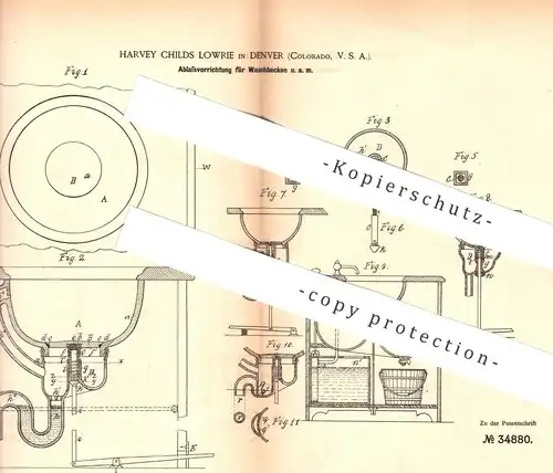 original Patent - Harvey Childs Lowrie , Denver , Colorado , USA , 1885 , Ablassvorrichtung für Waschbecken | Klempner