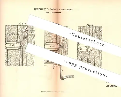 original Patent - Eisenwerke Gaggenau , 1885 , Türversperrer | Tür , Türen , Schloss , Türschloss , Riegel , Schlosser
