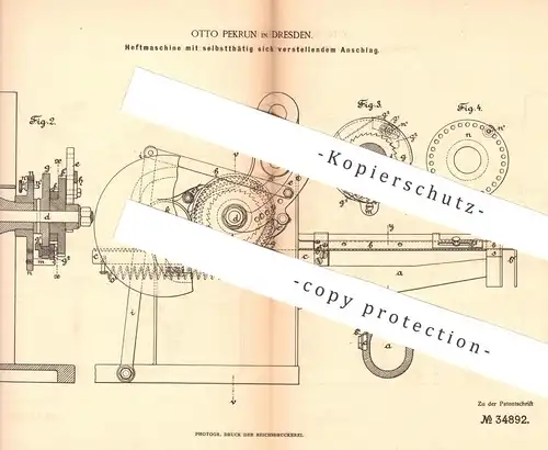 original Patent - Otto Pekrun , Dresden , 1885 , Heftmaschine | Buchbinder , Buch , Buchbinderei , Papier heften !!