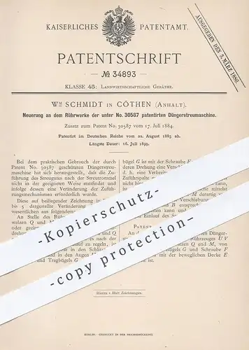 original Patent - WM Schmidt , Köthen / Anhalt , 1885 , Rührwerk der Düngerstreumaschine | Dünger - Streumaschine !!!