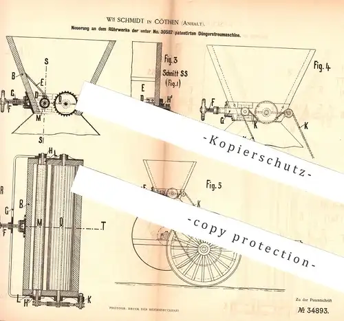 original Patent - WM Schmidt , Köthen / Anhalt , 1885 , Rührwerk der Düngerstreumaschine | Dünger - Streumaschine !!!