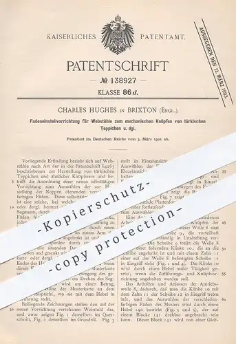 original Patent - Charles Hughes , Brixton , England , 1901 , Fadeneinstellvorrichtung für Webstuhl | Weber , Teppich !!