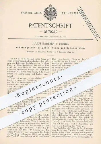 original Patent - Julius Bahlsen , Berlin , 1892 , Dichtungstür für Ofen , Herd , Backofen , Kochherd , Schornstein !!