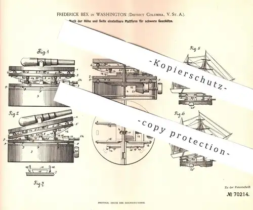 original Patent - Frederick Bex , Washington , Columbia , USA , 1892 , Plattform für schwere Geschütze | Waffen , Gewehr