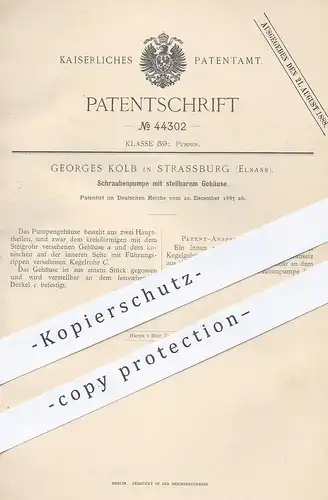 original Patent - Georges Kolb , Strassburg , Elsass , 1887 , Schraubenpumpe mit stellbarem Gehäuse | Pumpe , Pumpen !!