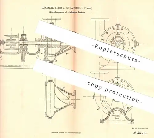 original Patent - Georges Kolb , Strassburg , Elsass , 1887 , Schraubenpumpe mit stellbarem Gehäuse | Pumpe , Pumpen !!