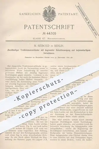 original Patent - M. Seebold , Berlin , 1887 , Zweiteiliger Treibriemenverbinder | Treibriemen , Riemen , Maschinen !!