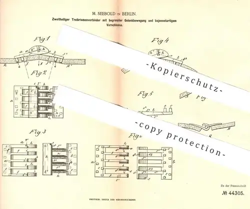 original Patent - M. Seebold , Berlin , 1887 , Zweiteiliger Treibriemenverbinder | Treibriemen , Riemen , Maschinen !!