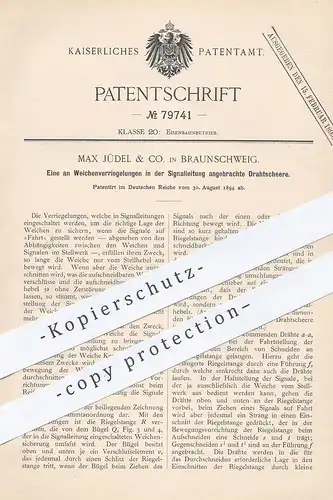 original Patent - Max Jüdel & Co. , Braunschweig 1894 , Drahtschere an Weichenverriegelung in Signalleitung | Eisenbahn
