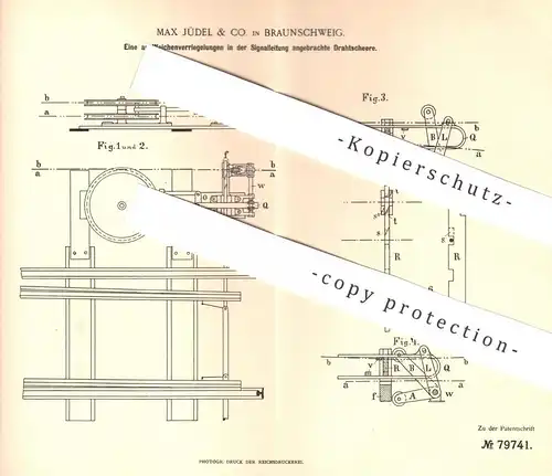 original Patent - Max Jüdel & Co. , Braunschweig 1894 , Drahtschere an Weichenverriegelung in Signalleitung | Eisenbahn