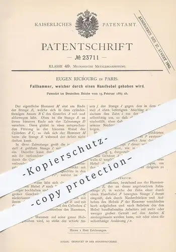 original Patent - Eugen Ricbourg , Paris , Frankreich , 1883 , Fallhammer | Hammer , Metall , Zahnstange , Schlosser !!