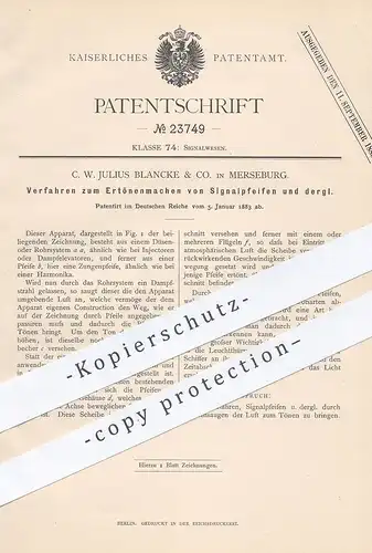 original Patent - C. W. Julius Blancke & Co. Merseburg , 1883 , Ertönen von Signalpfeifen | Signal , Alarm , Pfeife !!