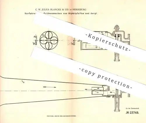 original Patent - C. W. Julius Blancke & Co. Merseburg , 1883 , Ertönen von Signalpfeifen | Signal , Alarm , Pfeife !!