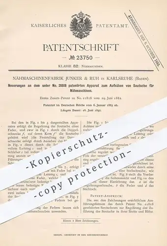 original Patent - Nähmaschinenfabrik Junker & Ruh , Karlsruhe , 1883 , Aufnähen von Soutache für Nähmaschine | Schneider
