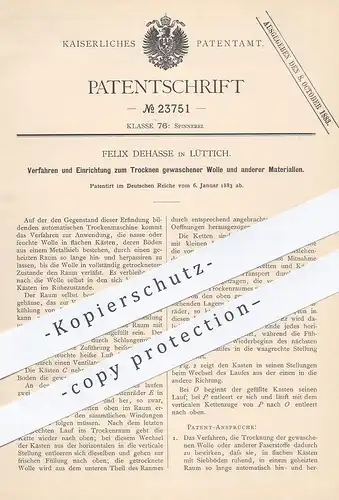 original Patent - Felix Dehasse , Lüttich , 1883 , Trocknen gewaschener Wolle | Stoff , Gewebe , Garn , Fasern !!!