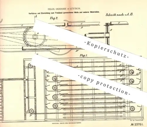 original Patent - Felix Dehasse , Lüttich , 1883 , Trocknen gewaschener Wolle | Stoff , Gewebe , Garn , Fasern !!!