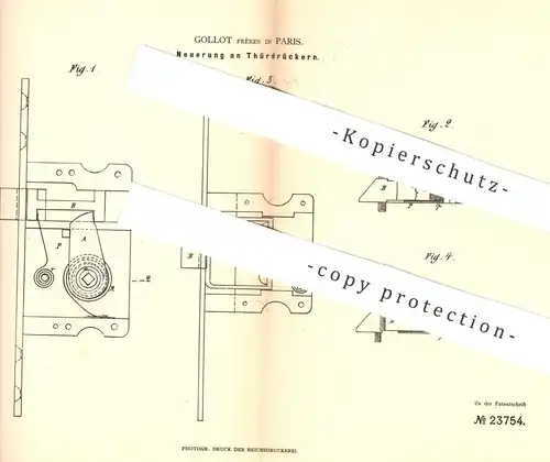 original Patent - Gollot de Frères , Paris Frankreich , 1883 , Türdrücker | Tür , Türen , Fenster , Tischler , Schlosser