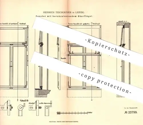 original Patent - Heinrich Teichgräber , Leipzig , 1883 , Fenster mit herabzulassendem Oberflügel | Fensterbauer , Tür
