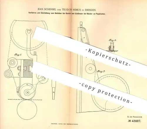original Patent - Jean Scherbel , Teodor Remus , Dresden , 1887 , Bekleben der Kanten u. Einfassen der Ränder an Karton