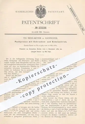 original Patent - Th. Nehlmeyer , Hannover , 1882 , Packpresse mit Schrauben- u. Hebelantrieb | Presse , Pressen | Torf