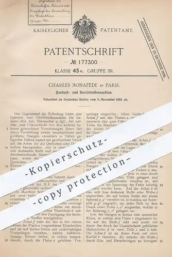 original Patent - Charles Bonafede , Paris , 1905 , Maschine zum Quetschen u. Durchtreiben von Obst & Gemüse | Wein !!