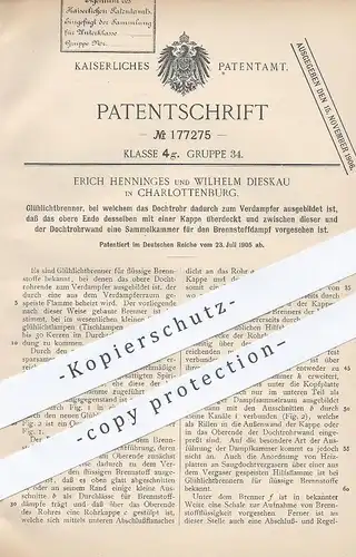 original Patent - Erich Henninges , Wilhelm Dieskau , Berlin Charlottenburg , 1905 , Glühlichtbrenner | Brenner , Licht