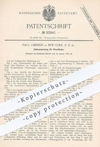 original Patent - Paul Gmehlin , New York USA  1885 , Saitenanordnung für Pianofortes | Piano , Klavier , Flügel , Musik