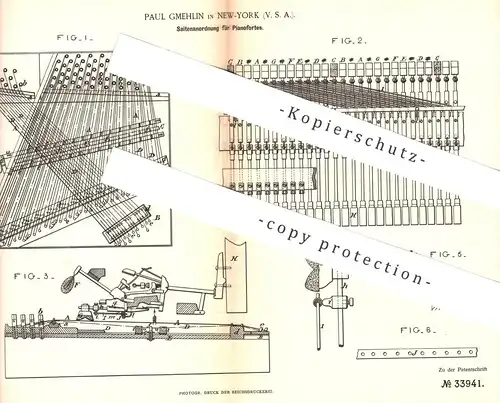 original Patent - Paul Gmehlin , New York USA  1885 , Saitenanordnung für Pianofortes | Piano , Klavier , Flügel , Musik