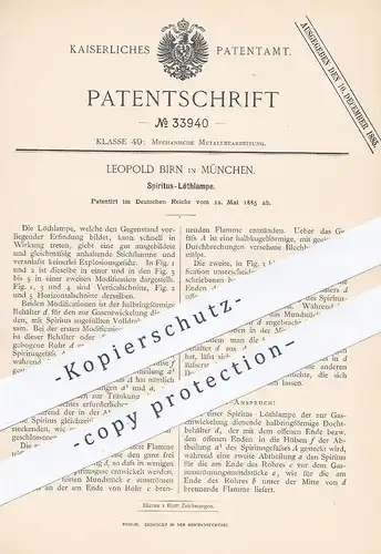 original Patent - Leopold Birn , München , 1885 , Spiritus - Löthlampe | Löten , Lötlampe , Gas , Brenner !!