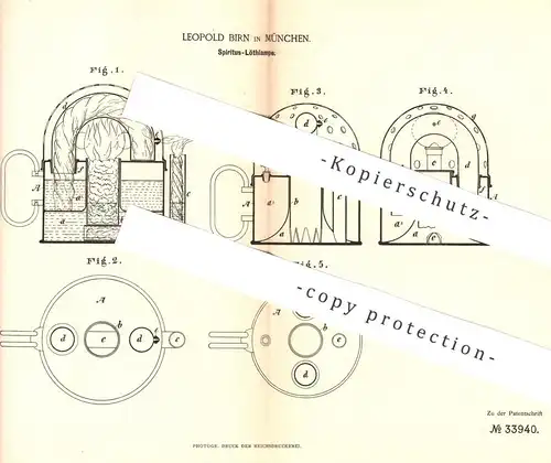 original Patent - Leopold Birn , München , 1885 , Spiritus - Löthlampe | Löten , Lötlampe , Gas , Brenner !!