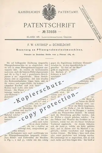 original Patent - F. W. Unterilp , Düsseldorf , 1885 , Pflanzgrubenstechmaschine | Pflanzen , Landwirt , Egge , Pflug !!