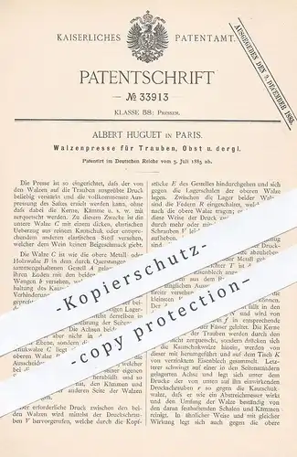 original Patent - Albert Huguet , Paris , Frankreich , 1885 , Walzenpresse für Trauben , Wein | Presse , Walzen | Winzer