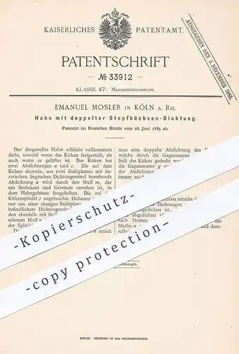 original Patent - Emanuel Mosler , Köln / Rhein 1885 , Hahn mit doppelter Stopfbüchsen - Dichtung | Klempner , Schlosser