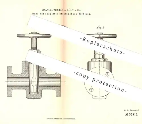 original Patent - Emanuel Mosler , Köln / Rhein 1885 , Hahn mit doppelter Stopfbüchsen - Dichtung | Klempner , Schlosser