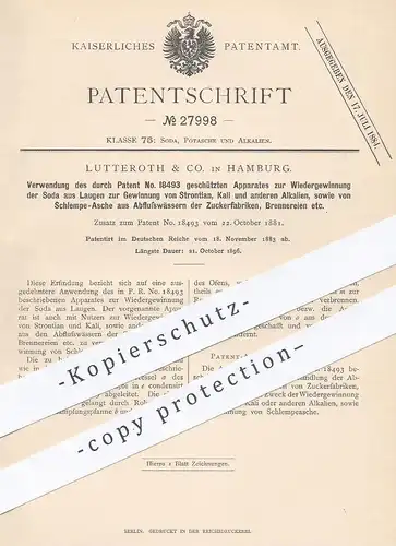 original Patent - Lutteroth & Co. , Hamburg 1883 , Wiedergewinnung der Soda aus Laugen für Strontian , Kali , Alkali !!