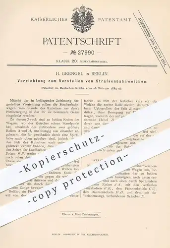 original Patent - H. Grengel , Berlin , 1884 , Verstellen von Straßenbahn - Weichen | Eisenbahn - Weiche | Schiene