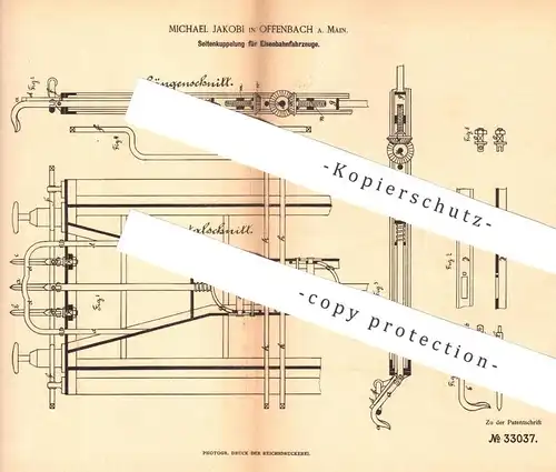 original Patent - Michael Jakobi , Offenbach / Main , 1885 , Seitenkupplung für Eisenbahnen | Eisenbahn - Kupplung !!