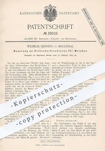 original Patent - Wilhelm Henning , Bruchsal 1885 , Sicherheitsschienen für Weichen | Eisenbahn - Schienen | Straßenbahn