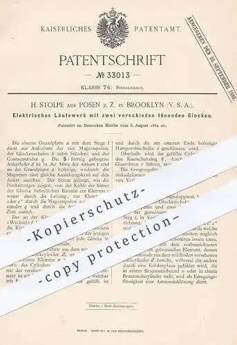 original Patent - H. Stolpe , Posen / Brooklyn , USA , 1884 , Elektrisches Läutewerk | Glocken , Klingel , Signal !!