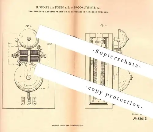 original Patent - H. Stolpe , Posen / Brooklyn , USA , 1884 , Elektrisches Läutewerk | Glocken , Klingel , Signal !!