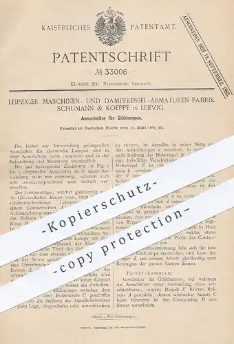 original Patent - Maschinen- u. Dampfkessel Armaturen Fabrik Schumann & Koeppe , Leipzig , 1885 , Schalter für Glühlampe