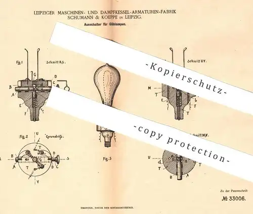 original Patent - Maschinen- u. Dampfkessel Armaturen Fabrik Schumann & Koeppe , Leipzig , 1885 , Schalter für Glühlampe