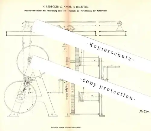 original Patent - H. Redecker & Nauss , Bielefeld  1885 , Doppeltrommelwinde | Trommelwinde | Winde , Hebezeug , Seilzug