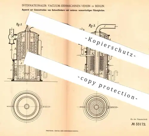 original Patent - Internationaler Vacuum Eismaschinen Verein Berlin , 1885 , Konzentration von Schwefelsäure | Eis !